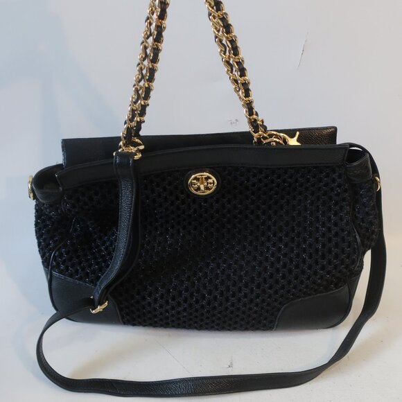 Authentic Womens Tory Burch Adalyn Black Woven Leather 2-Way Satchel Handbag - Picture 2 of 15